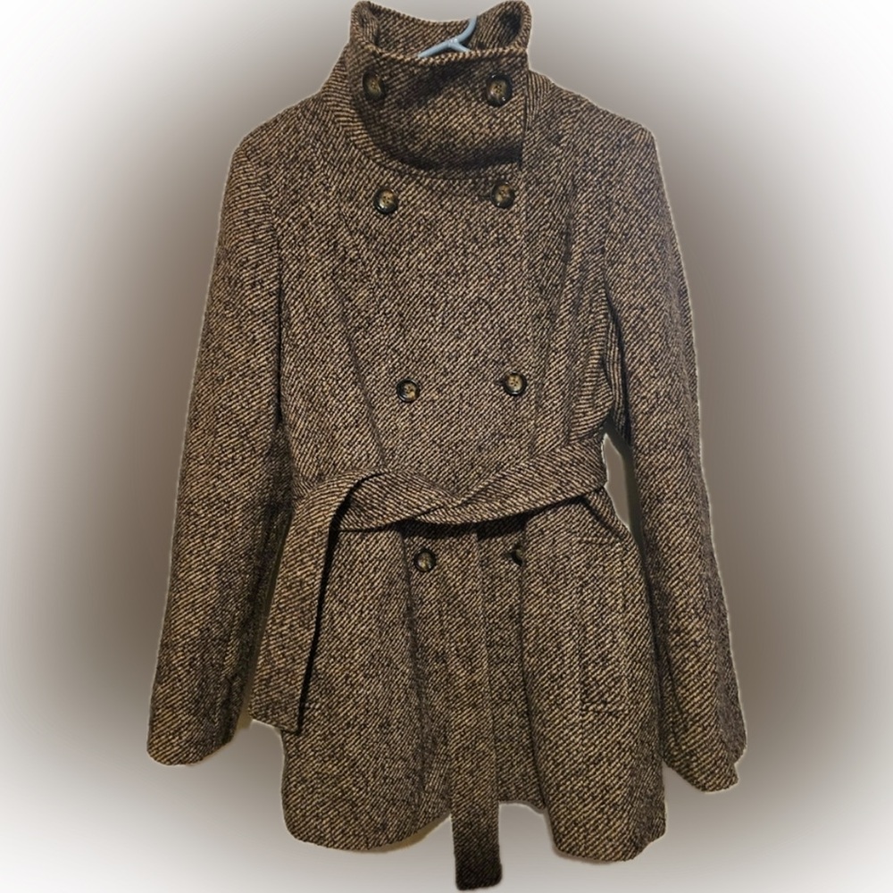 Calvin Klein Brown Tweed Belted Coat